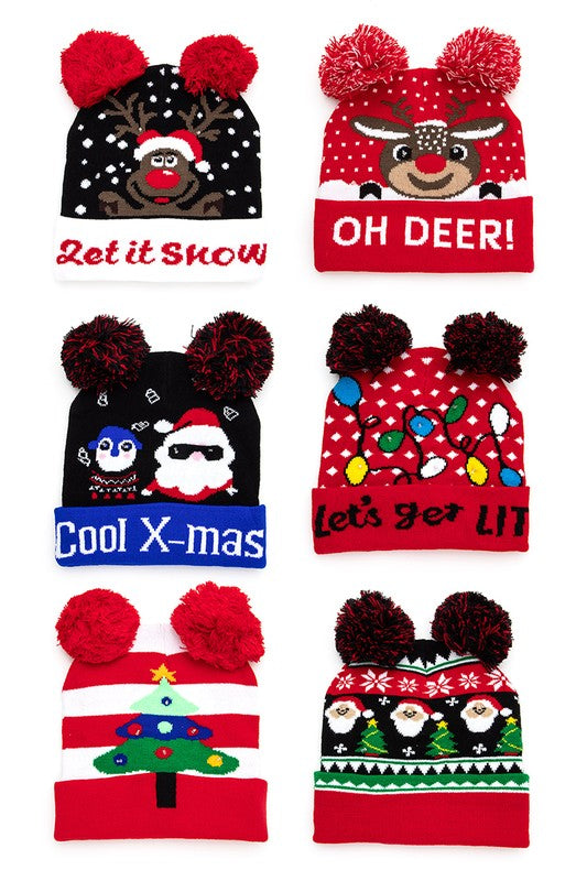 Women Double Pom Pom LED Christmas Light Up Beanies Set | Zarnesh