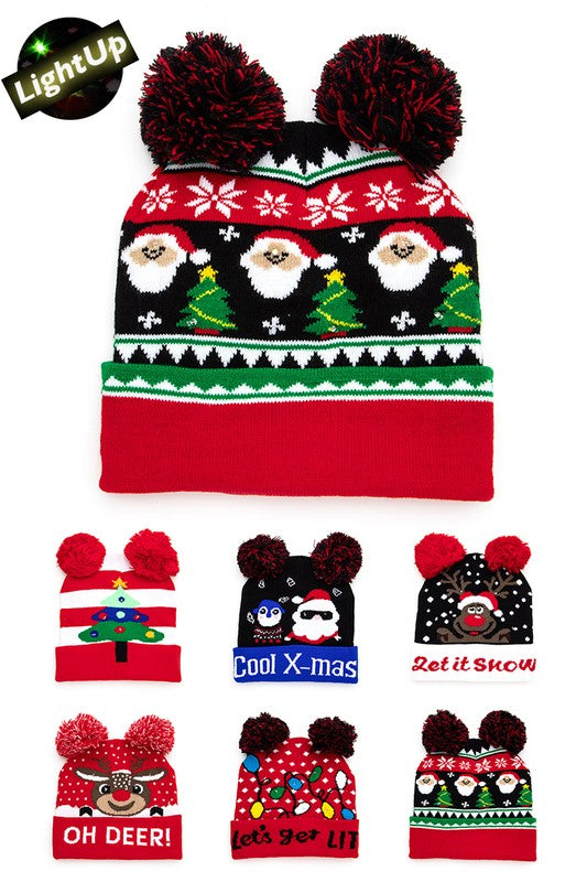 Women Double Pom Pom LED Christmas Light Up Beanies Set | Zarnesh