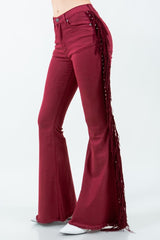 Women Texas Sun Fringe Bell Bottom jean in Wine | Zarnesh