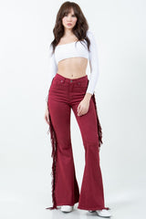 Women Texas Sun Fringe Bell Bottom jean in Wine | Zarnesh