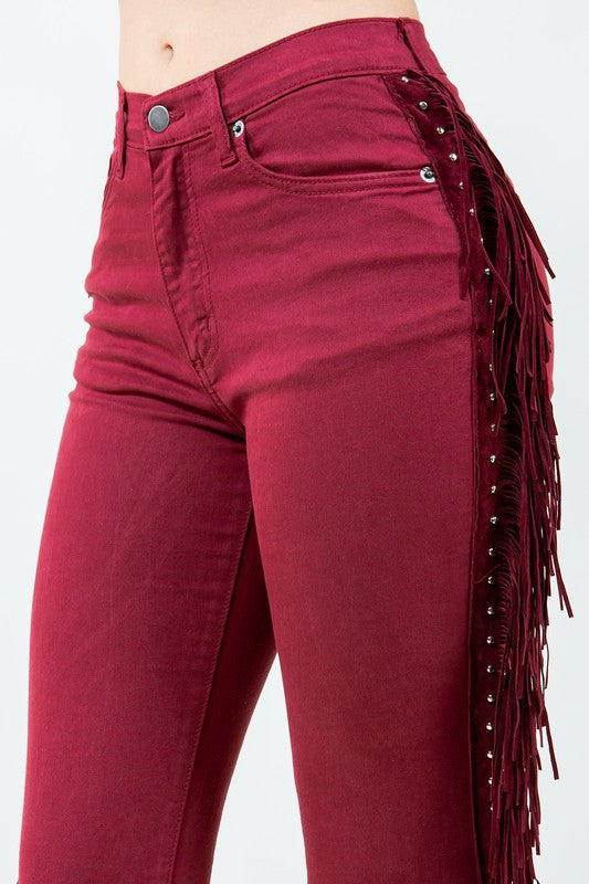 Women Texas Sun Fringe Bell Bottom jean in Wine | Zarnesh