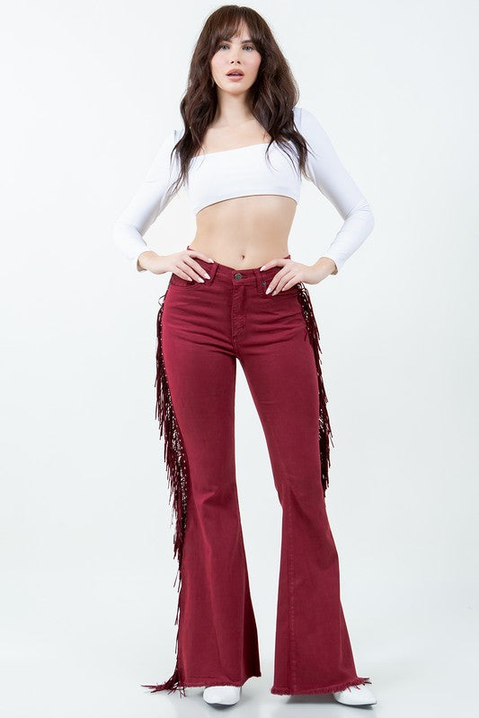 Women Texas Sun Fringe Bell Bottom jean in Wine | Zarnesh