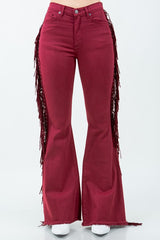 Women Texas Sun Fringe Bell Bottom jean in Wine | Zarnesh