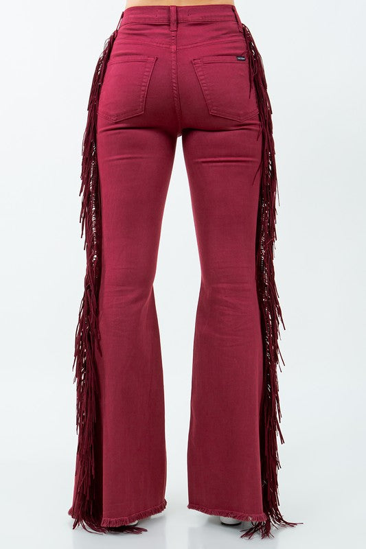 Women Texas Sun Fringe Bell Bottom jean in Wine | Zarnesh