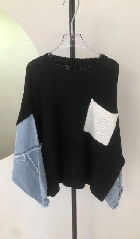 Women Denim Sleeve Knit Sweater| Zarnesh