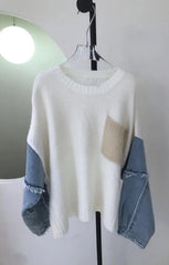 Women Denim Sleeve Knit Sweater| Zarnesh