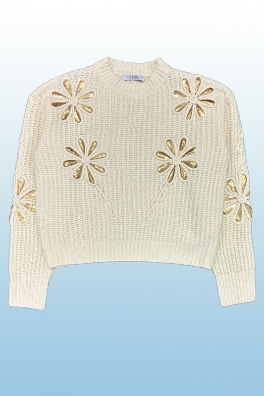 Women Soft Crew Neckline Long Sleeves Flower Knit Sweater Zarnesh