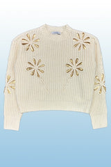 Women Soft Crew Neckline Long Sleeves Flower Knit Sweater Zarnesh
