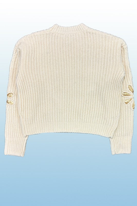 Women Soft Crew Neckline Long Sleeves Flower Knit Sweater Zarnesh