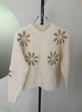 Women Soft Crew Neckline Long Sleeves Flower Knit Sweater Zarnesh