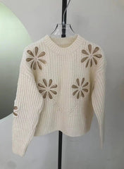 Women Soft Crew Neckline Long Sleeves Flower Knit Sweater Zarnesh