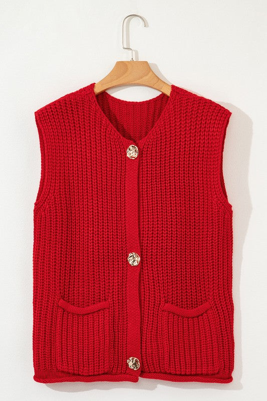 Women’s Textured Knit Side Pockets Buttoned Sweater Vest | Zarnesh