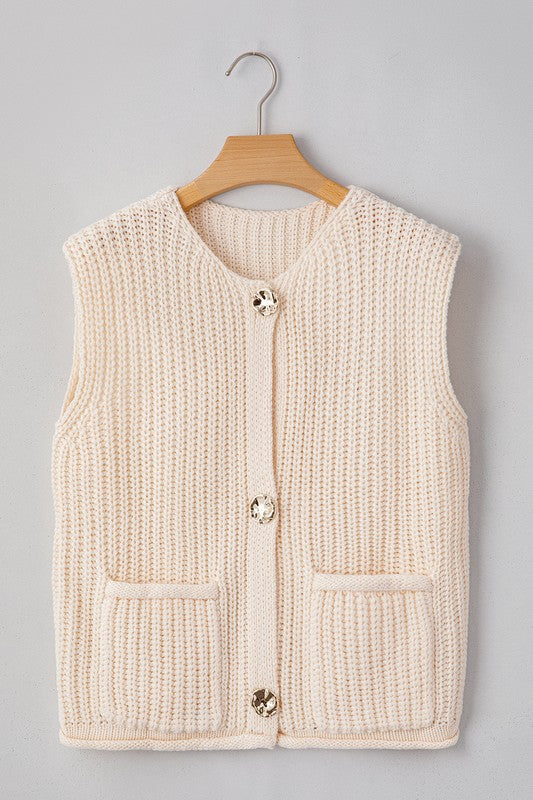 Women’s Textured Knit Side Pockets Buttoned Sweater Vest | Zarnesh