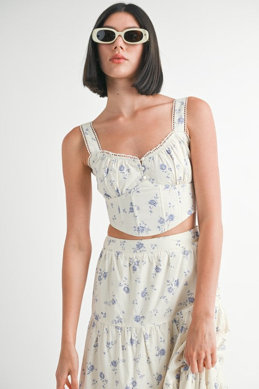 Women Floral Wide Straps with Lace Trim Squared Neck Top Zarnesh