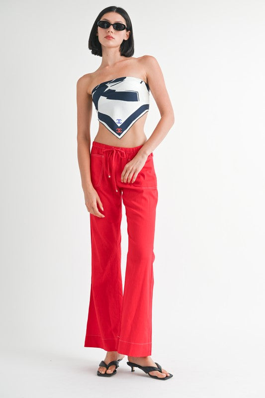 Women Linen Bow Drawstring Waist Tie Wide Leg Bold Red Pants Zarnesh