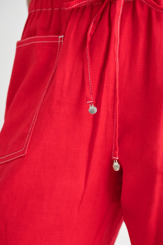 Women Linen Bow Drawstring Waist Tie Wide Leg Bold Red Pants Zarnesh