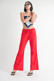 Women Linen Bow Drawstring Waist Tie Wide Leg Bold Red Pants Zarnesh