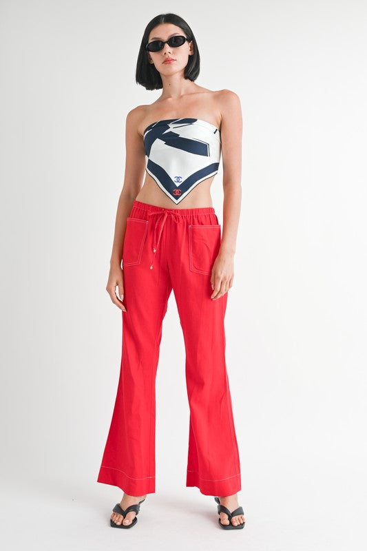 Women Linen Bow Drawstring Waist Tie Wide Leg Bold Red Pants Zarnesh