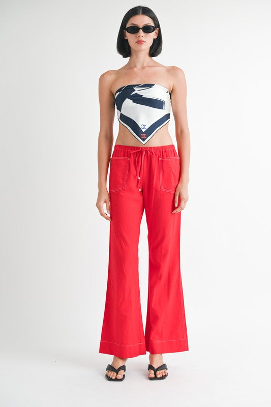 Women Linen Bow Drawstring Waist Tie Wide Leg Bold Red Pants Zarnesh