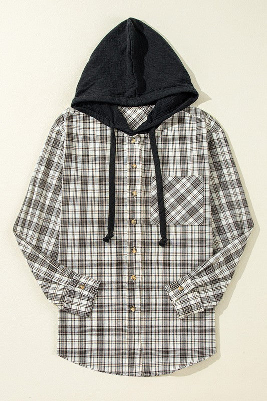 Women Checkered Print Loose Fit Buttoned Hooded Shacket Zarnesh