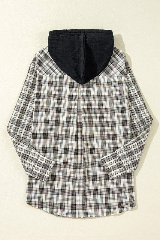 Women Checkered Print Loose Fit Buttoned Hooded Shacket Zarnesh