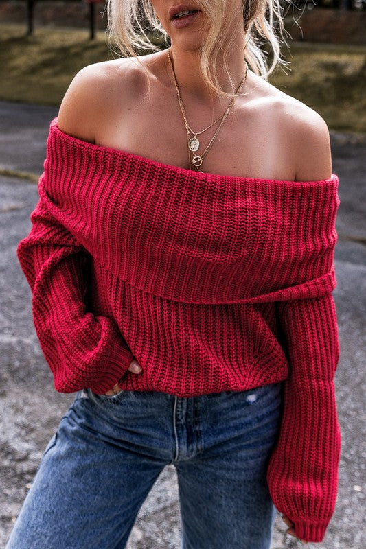 Women Valentine Bold Red Off Shoulder Ribbed Knit Sweater Zarnesh