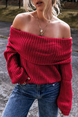 Women Valentine Bold Red Off Shoulder Ribbed Knit Sweater Zarnesh