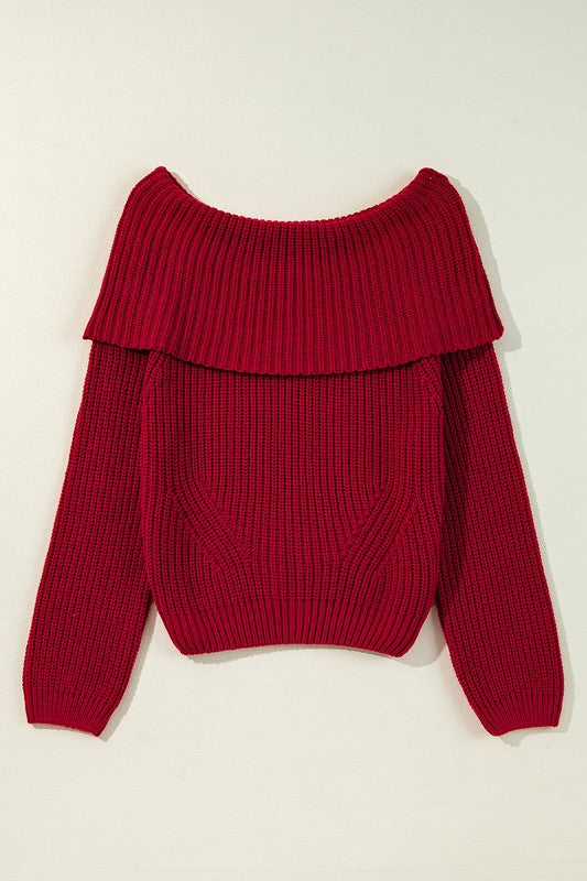 Women Valentine Bold Red Off Shoulder Ribbed Knit Sweater Zarnesh