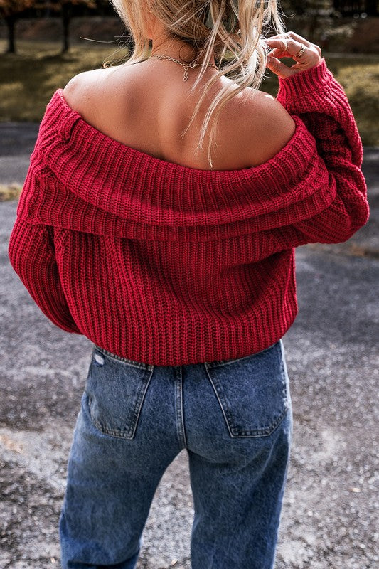 Women Valentine Bold Red Off Shoulder Ribbed Knit Sweater Zarnesh