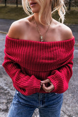 Women Valentine Bold Red Off Shoulder Ribbed Knit Sweater Zarnesh