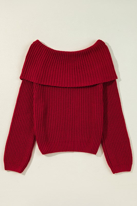 Women Valentine Bold Red Off Shoulder Ribbed Knit Sweater Zarnesh