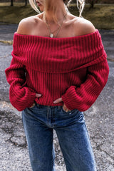 Women Valentine Bold Red Off Shoulder Ribbed Knit Sweater Zarnesh