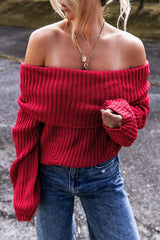 Women Valentine Bold Red Off Shoulder Ribbed Knit Sweater Zarnesh