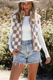 Women Khaki Checkered Sherpa Zipper Stand Collar Jacket Vest Zarnesh