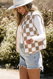 Women Khaki Checkered Sherpa Zipper Stand Collar Jacket Vest Zarnesh