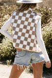 Women Khaki Checkered Sherpa Zipper Stand Collar Jacket Vest Zarnesh