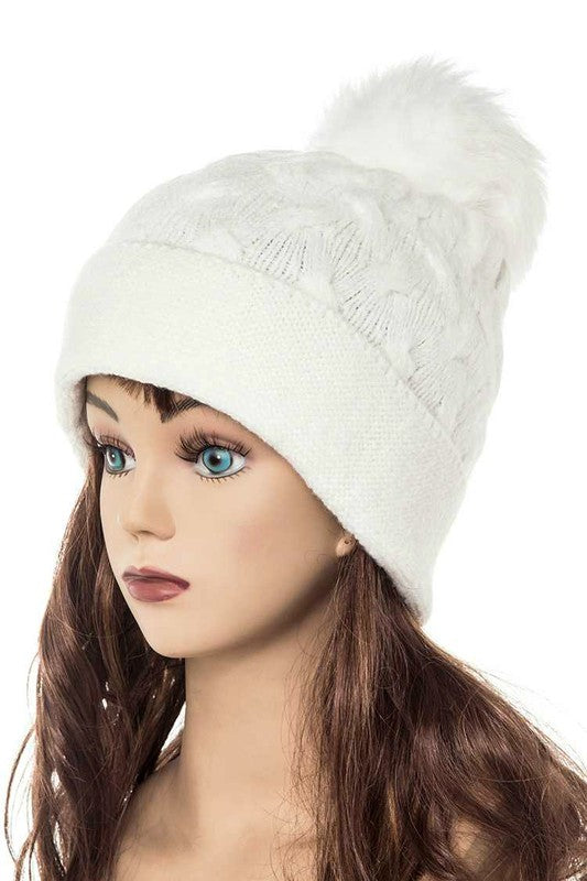 Women Cuffed Genuine Fur Pom Slouchy Beanie | Zarnesh