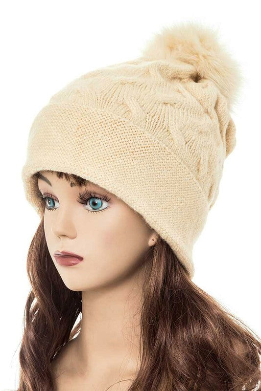 Women Cuffed Genuine Fur Pom Slouchy Beanie | Zarnesh