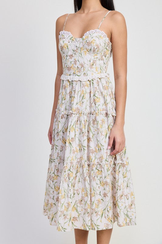 Women Soft Breathable Lined Interior Perfect Fit Midi Floral Corset Dress Zarnesh