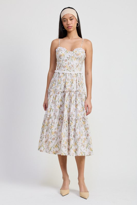 Women Soft Breathable Lined Interior Perfect Fit Midi Floral Corset Dress Zarnesh