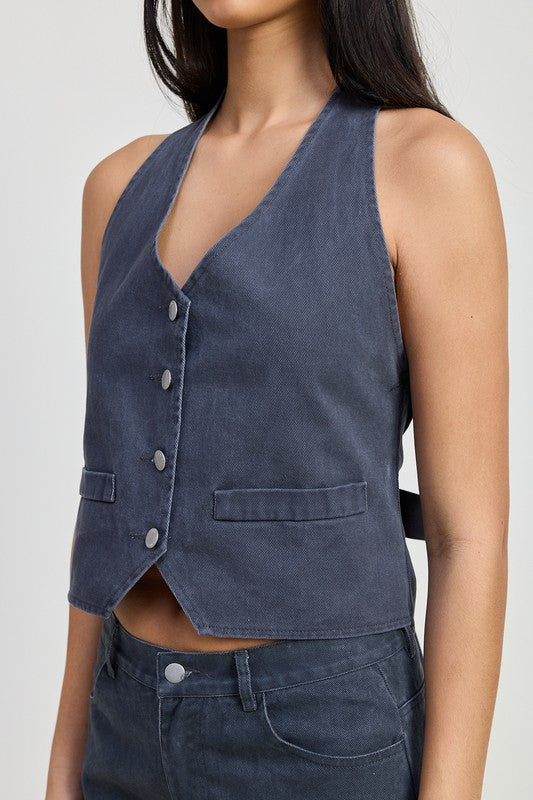 Women Cotton Front Button Up Open Back Halter Vest Style Neck Top Zarnesh