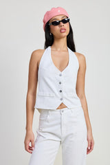 Women Cotton Front Button Up Open Back Halter Vest Style Neck Top Zarnesh