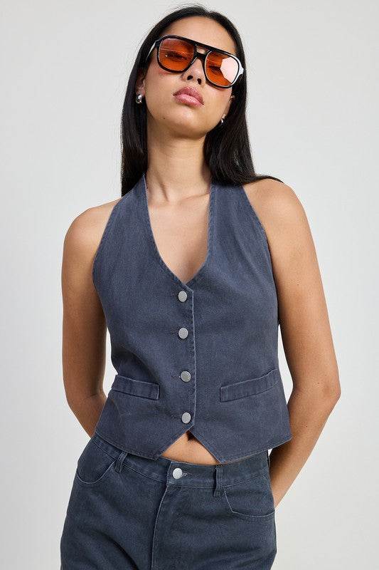 Women Cotton Front Button Up Open Back Halter Vest Style Neck Top Zarnesh