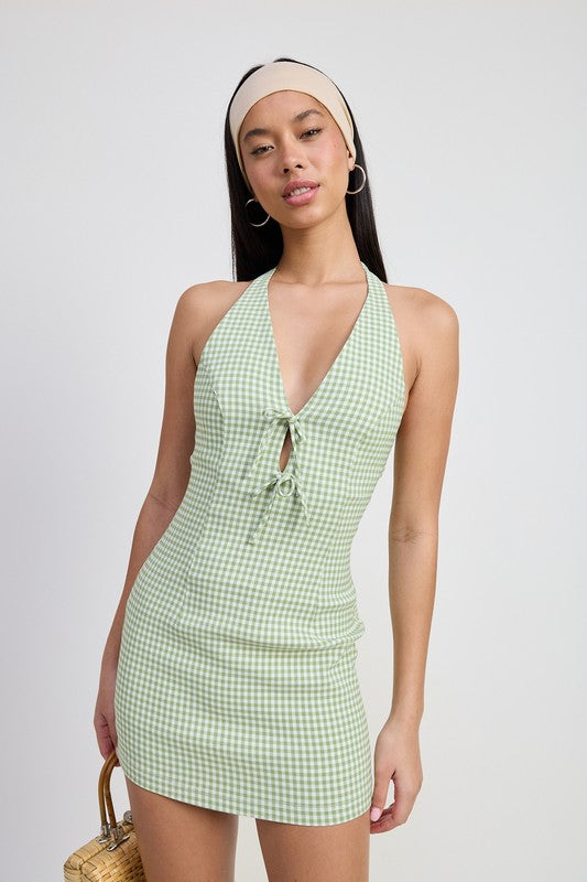 Women Fitted Classic Gingham Halter Deep V Cut Front Tie Mini Dress Zarnesh