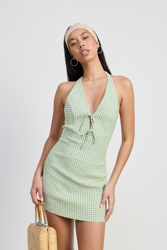 Women Fitted Classic Gingham Halter Deep V Cut Front Tie Mini Dress Zarnesh