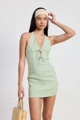 Women Fitted Classic Gingham Halter Deep V Cut Front Tie Mini Dress Zarnesh