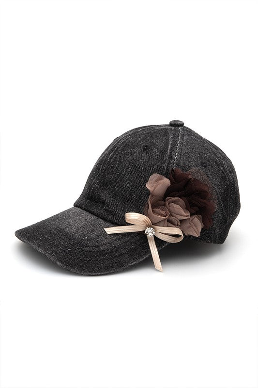 Women Satin Flower Embellished Denim Cap | Zarnesh