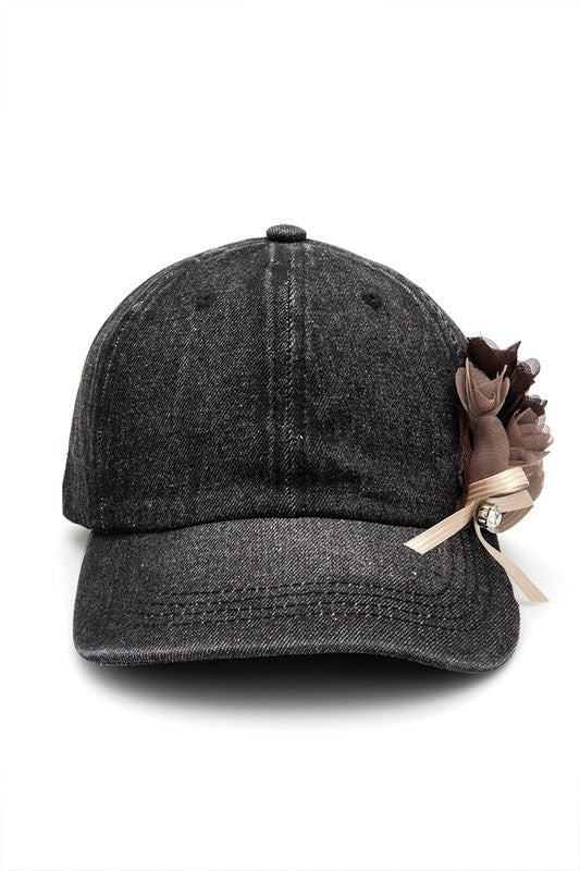 Women Satin Flower Embellished Denim Cap | Zarnesh