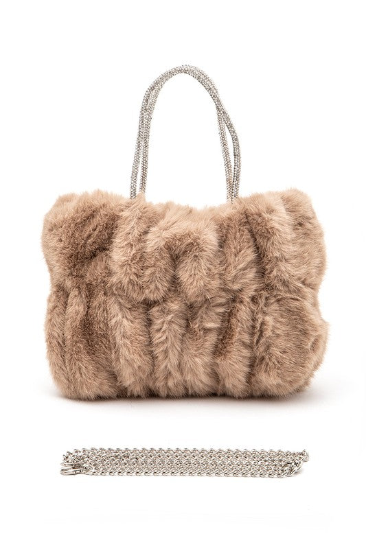 Women Rhinestone Top Handle Faux Fur Winter Tote Bag | Zarnesh