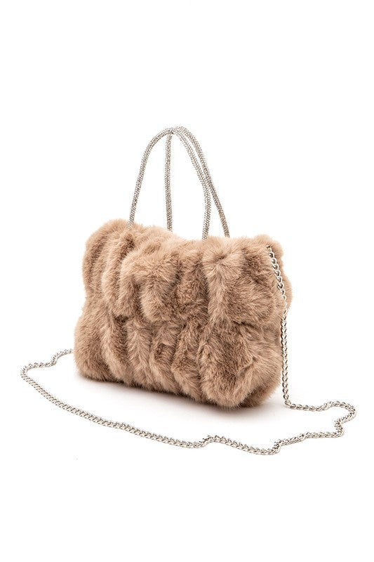 Women Rhinestone Top Handle Faux Fur Winter Tote Bag | Zarnesh